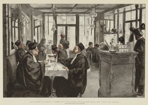 Avvocati a pranzo, una scena in un ristorante preferito vicino ai tribunali di Parigi (cromolitografia)